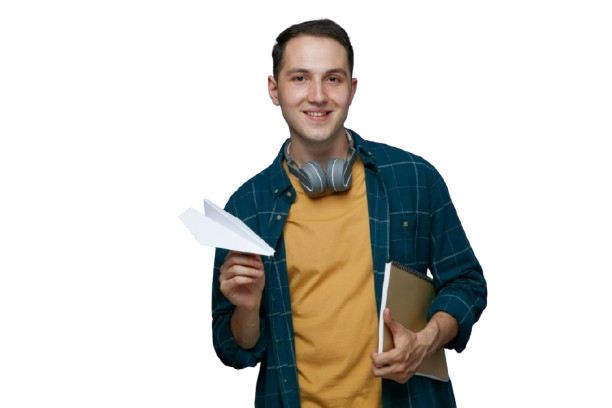 smiling young male student wearing headphones around neck